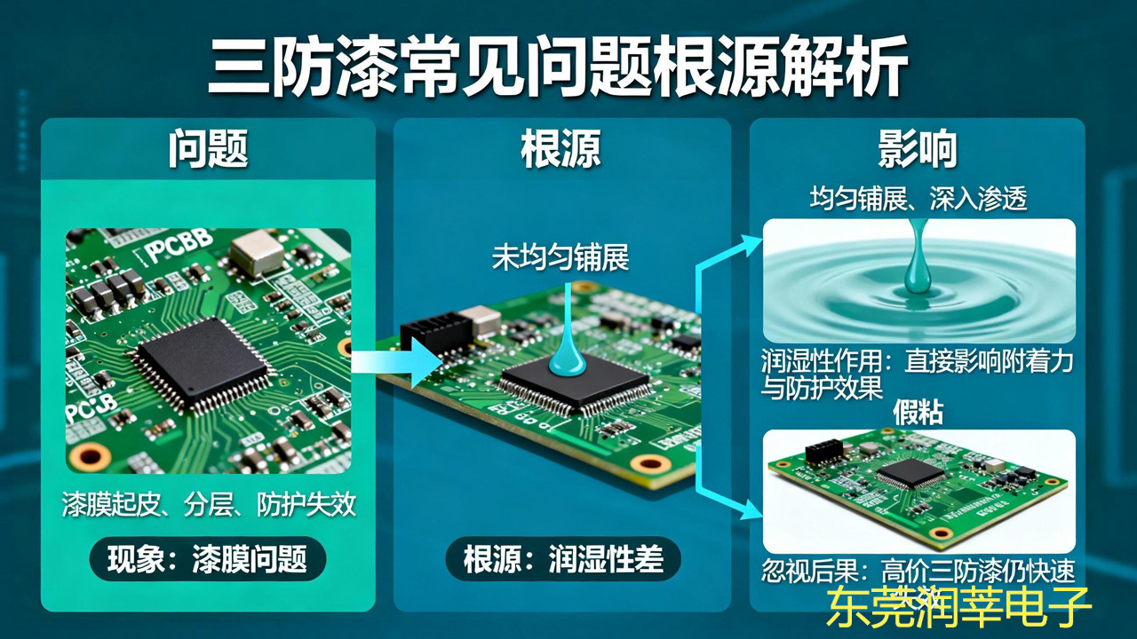 PCB 板三防漆润湿性是什么？影响附着力 + 防护性，选错必分层(图1)